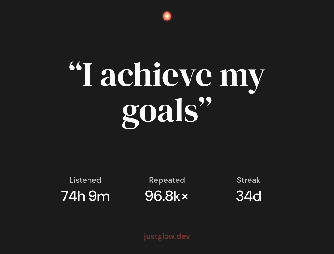 A Glow affirmation progress card showing listening time, repetitions, and practice streak